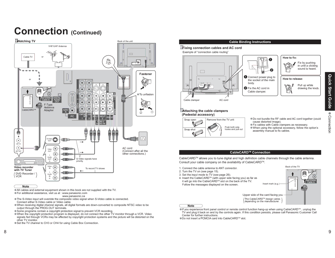 Panasonic TH-65PX600U Quick Start, Guide Connection, Cable Binding Instructions, CableCARDTM Connection 