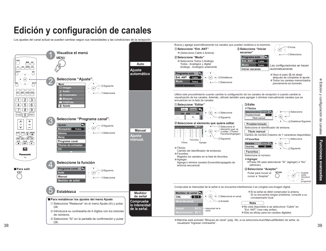 Panasonic TH-65PX600U operating instructions Canales Funciones avanzadas, Ajuste automático, Ajuste manual 