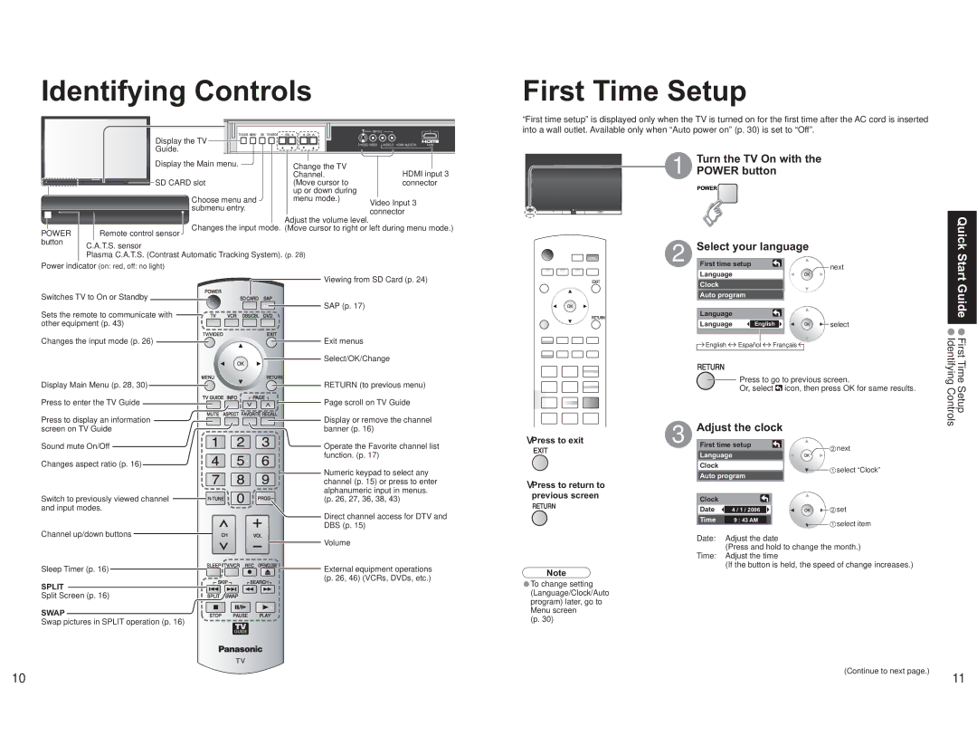 Panasonic TH-65PX600U Identifying Controls, Turn the TV On with the Power button Select your language, Adjust the clock 