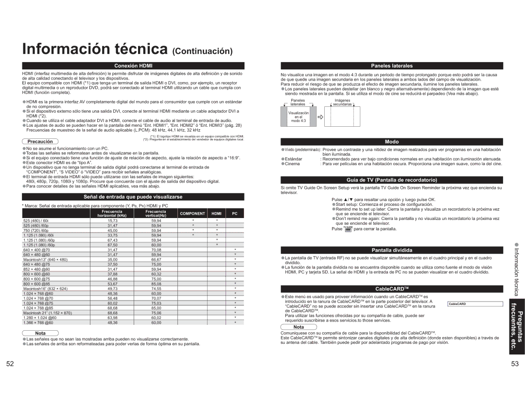 Panasonic TH-65PX600U operating instructions Información técnica Continuación, Frecuentes Preguntas 