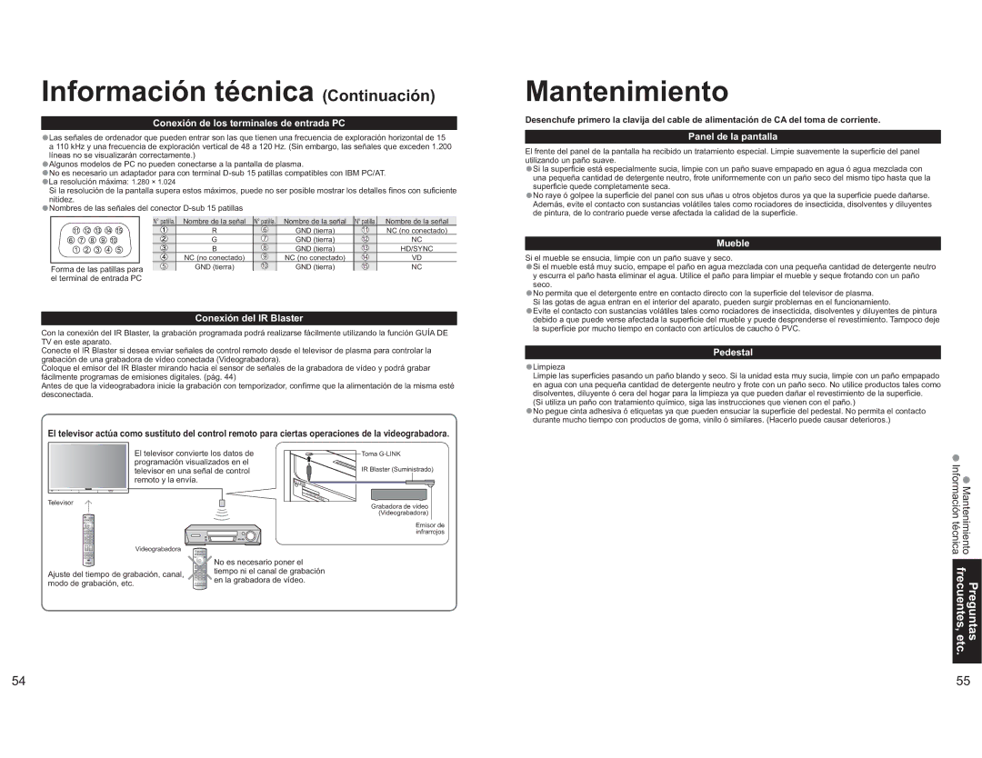 Panasonic TH-65PX600U operating instructions Preguntas frecuentes, etc, Información Mantenimiento 