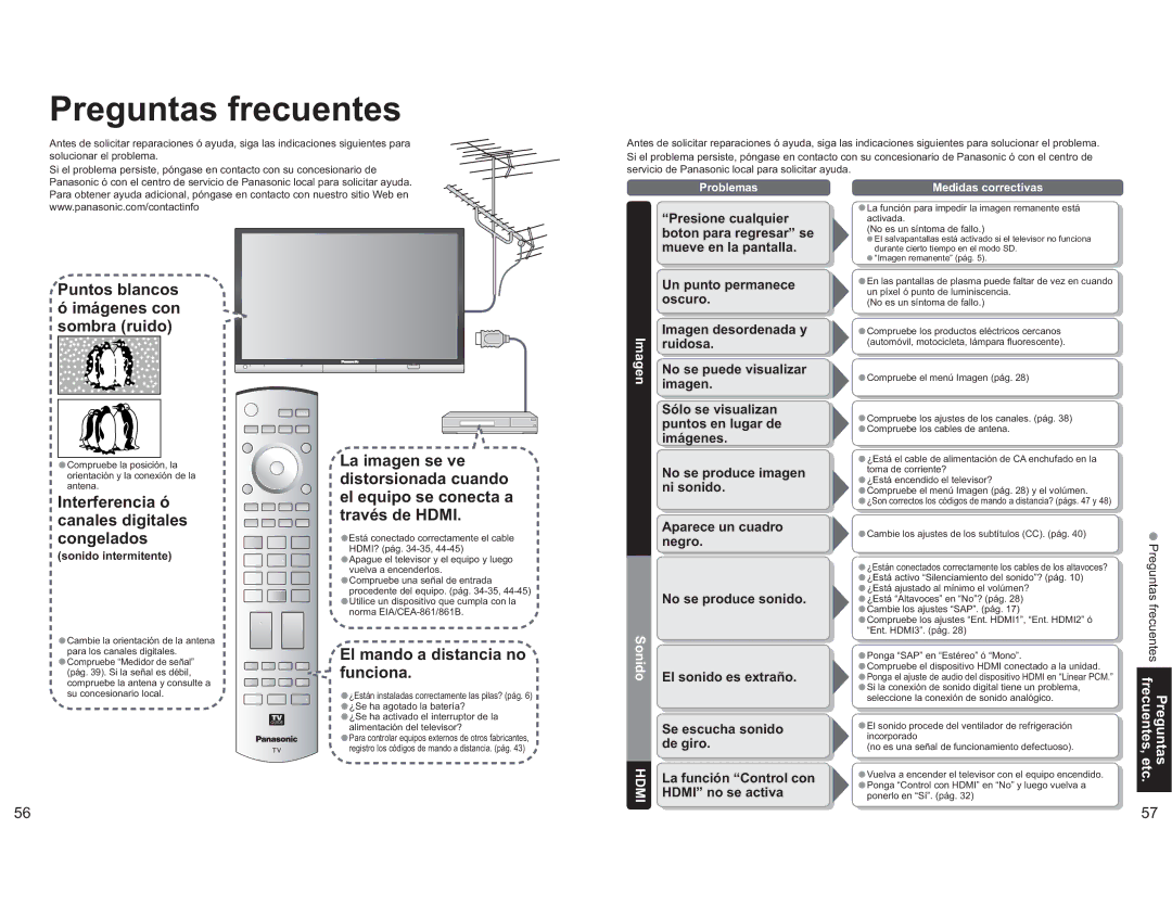 Panasonic TH-65PX600U operating instructions Preguntas frecuentes, Imagen, Sonido, Problemas, Medidas correctivas 