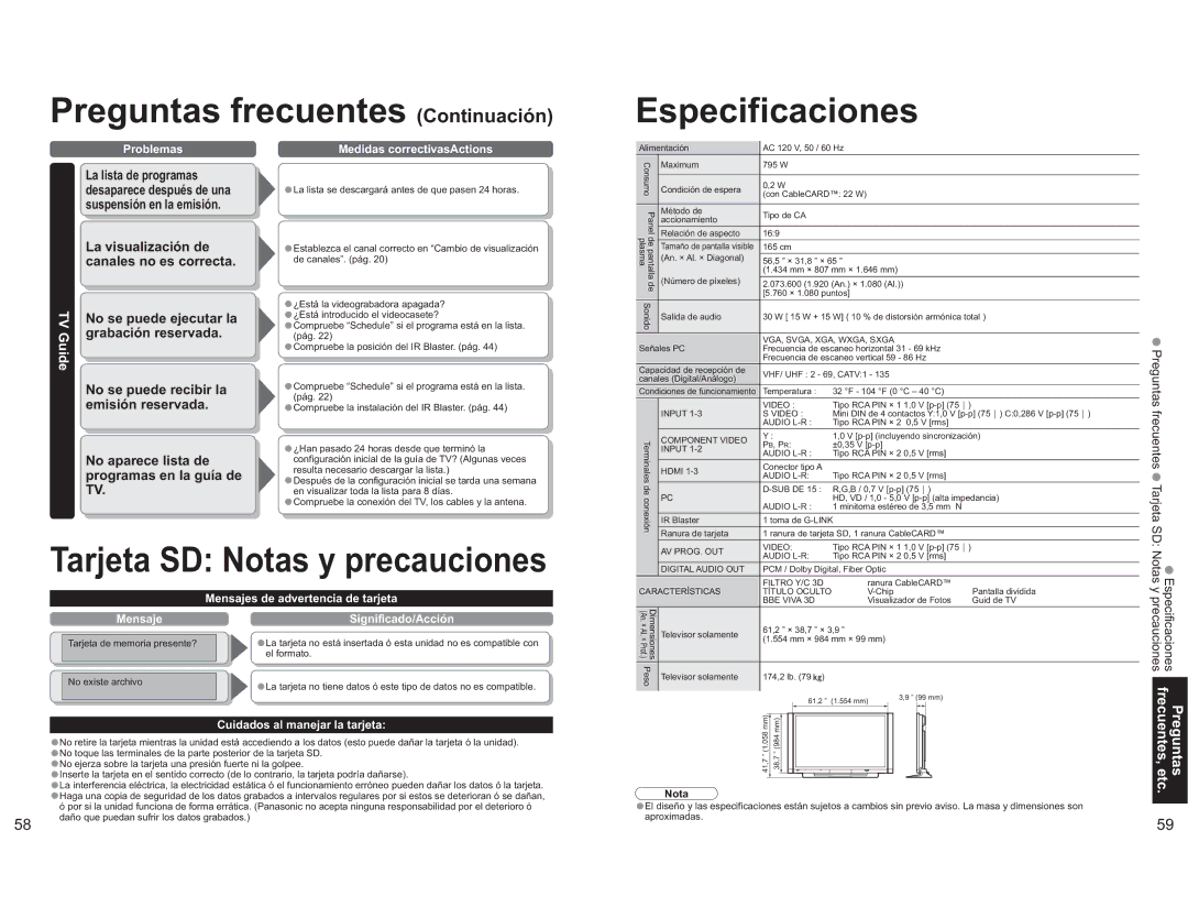 Panasonic TH-65PX600U operating instructions Preguntas frecuentes Continuación Especificaciones, TV Guide, Tarjeta SD 