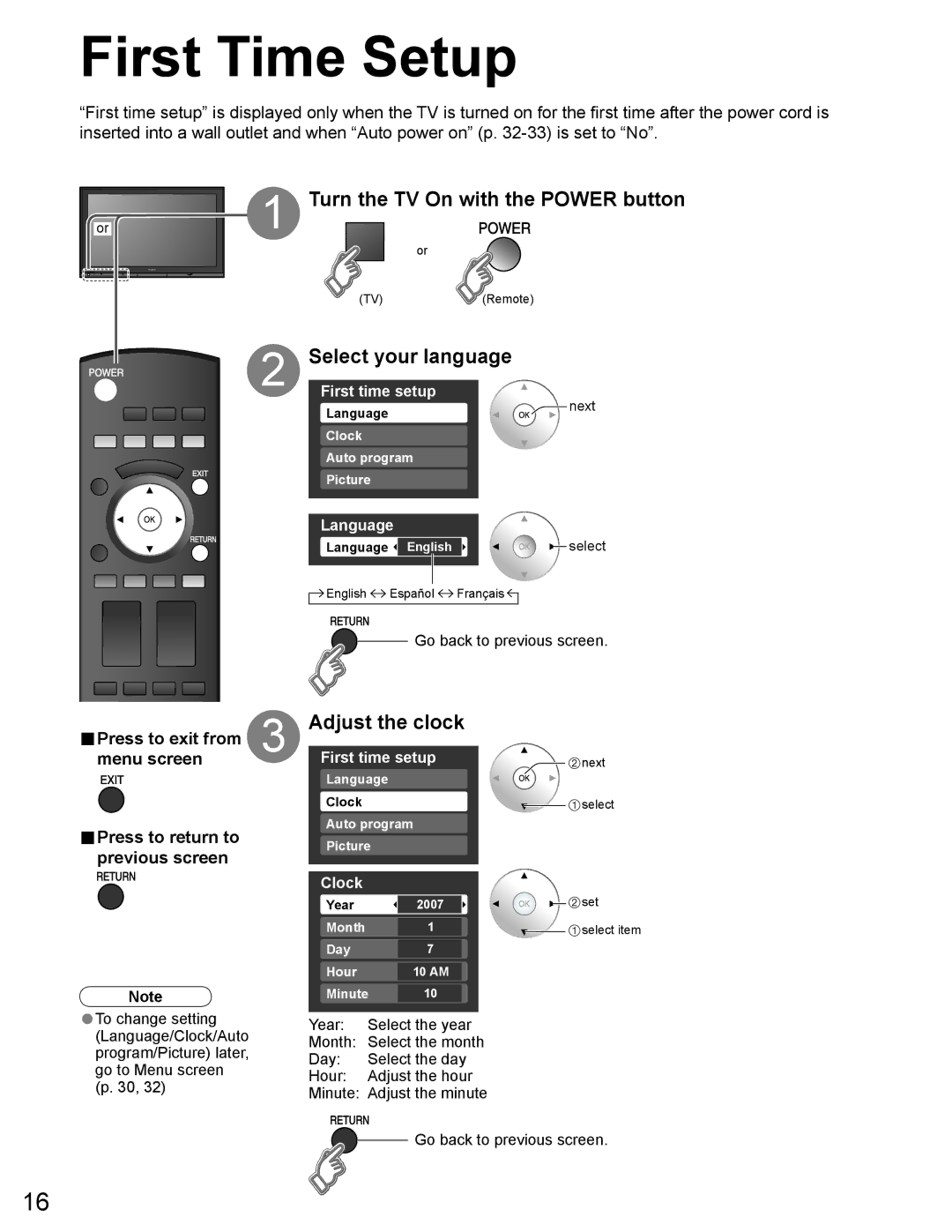 Panasonic TH-65PZ750U quick start First Time Setup, Adjust the clock 