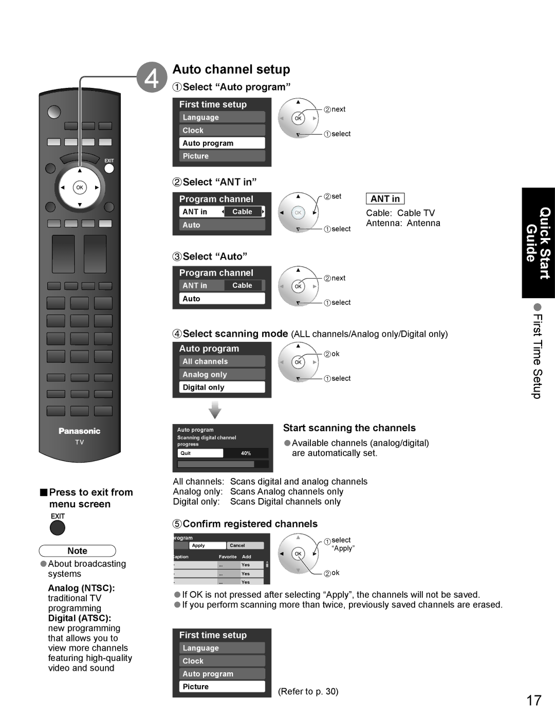 Panasonic TH-65PZ750U quick start Press to exit from menu screen, Confirm registered channels 