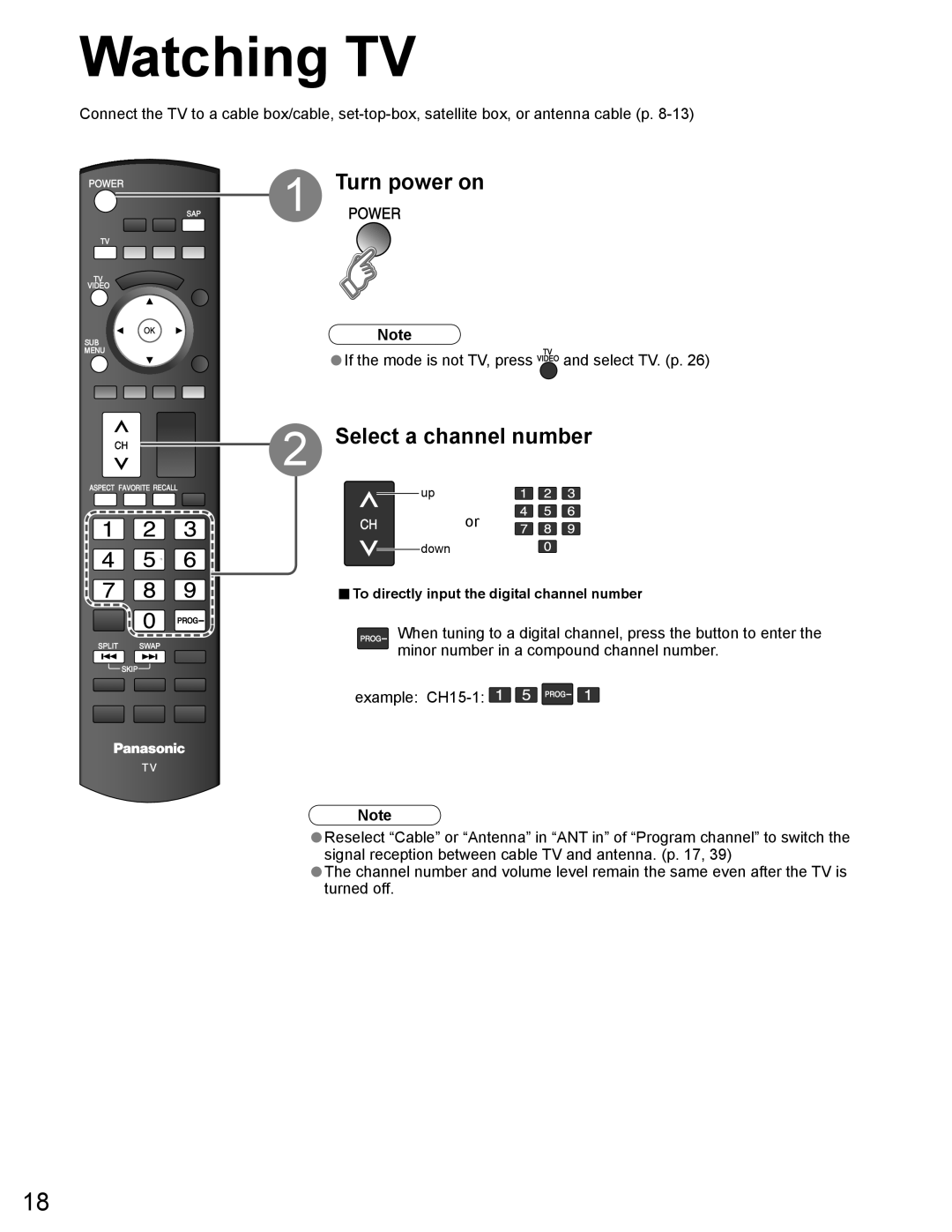 Panasonic TH-65PZ750U quick start Watching TV, Turn power on, Select a channel number 