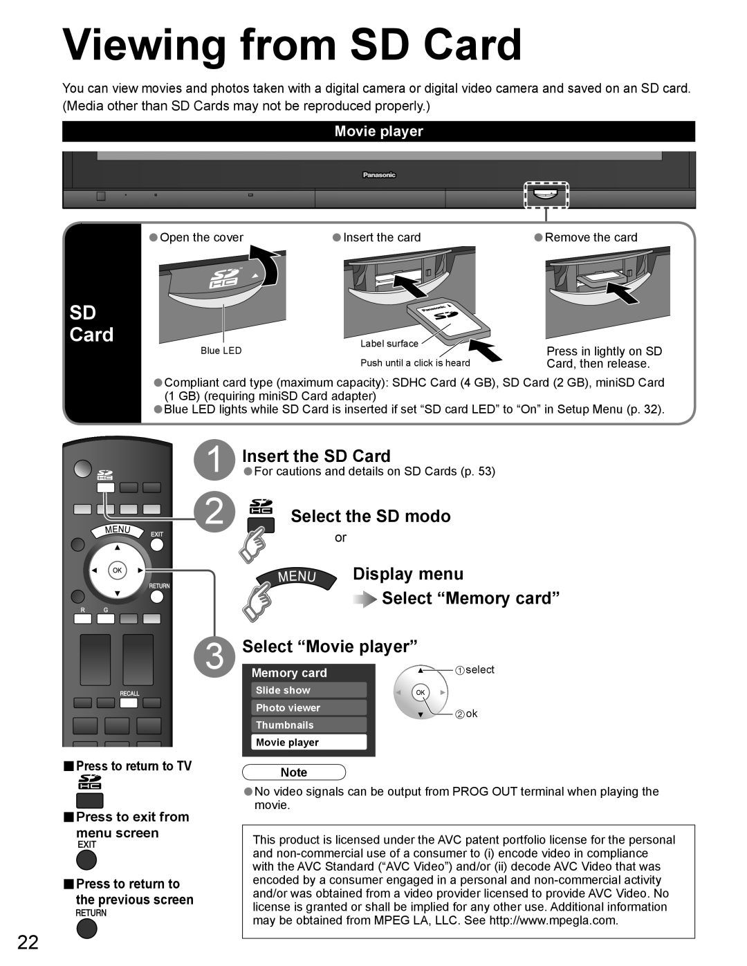 Panasonic TH-65PZ750U Viewing from SD Card, Insert the SD Card, Select the SD modo Display menu Select Memory card 