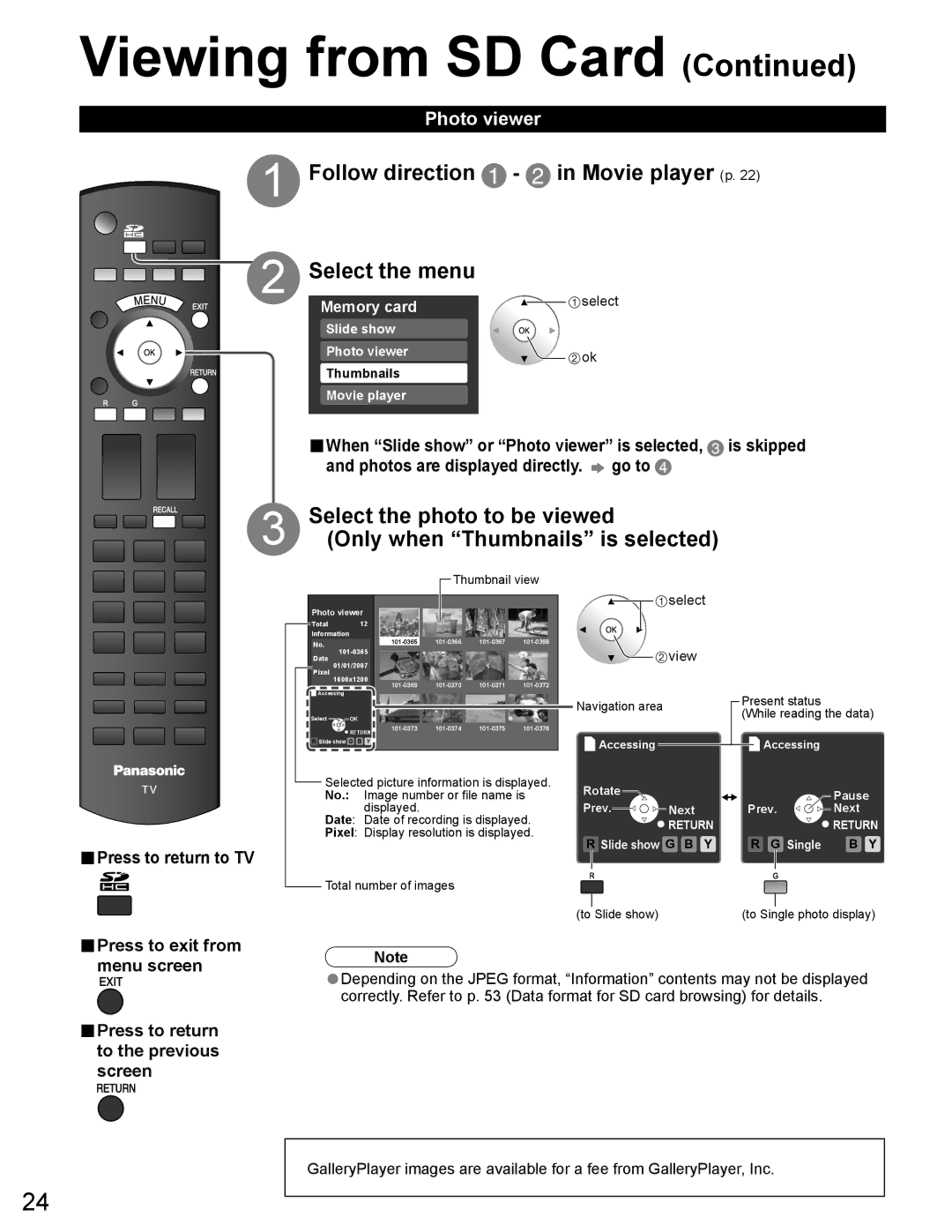 Panasonic TH-65PZ750U Follow direction in Movie player p Select the menu, Select the photo to be viewed, Photo viewer 