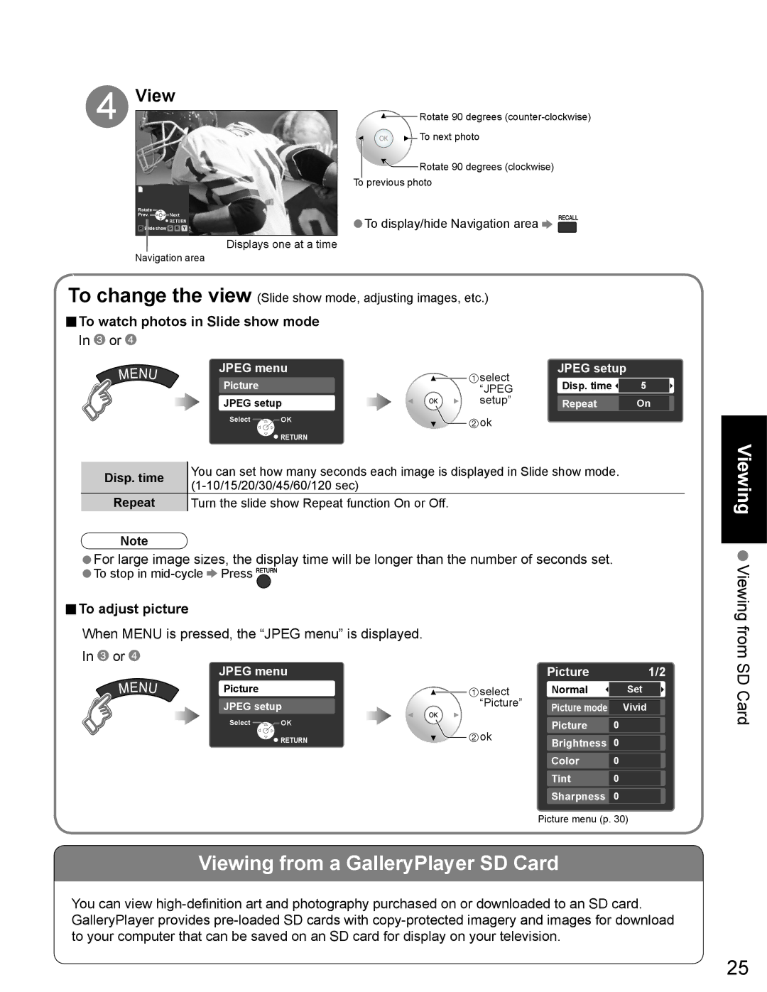 Panasonic TH-65PZ750U Viewing from a GalleryPlayer SD Card, To watch photos in Slide show mode, To adjust picture 