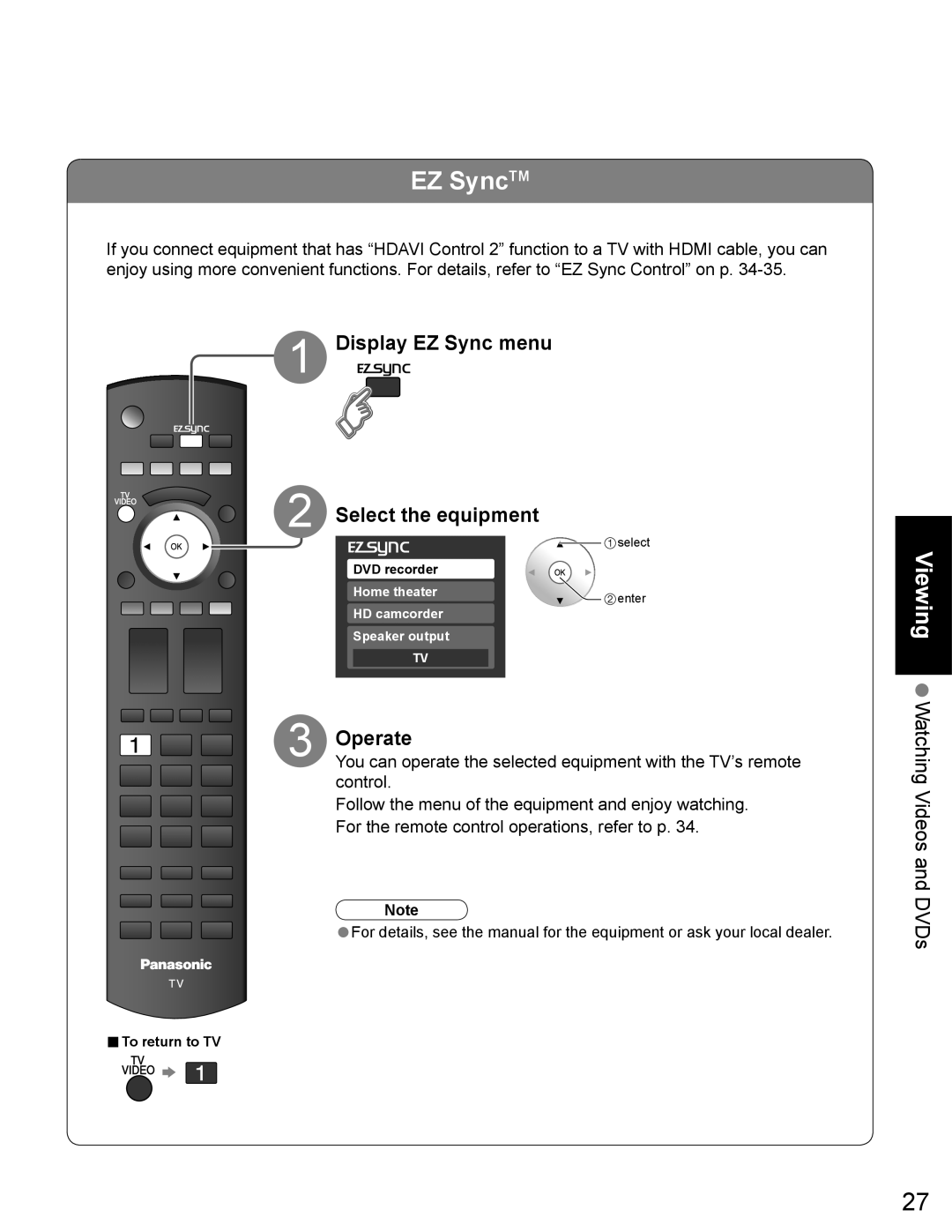 Panasonic TH-65PZ750U quick start EZ SyncTM, Display EZ Sync menu Select the equipment, Operate 