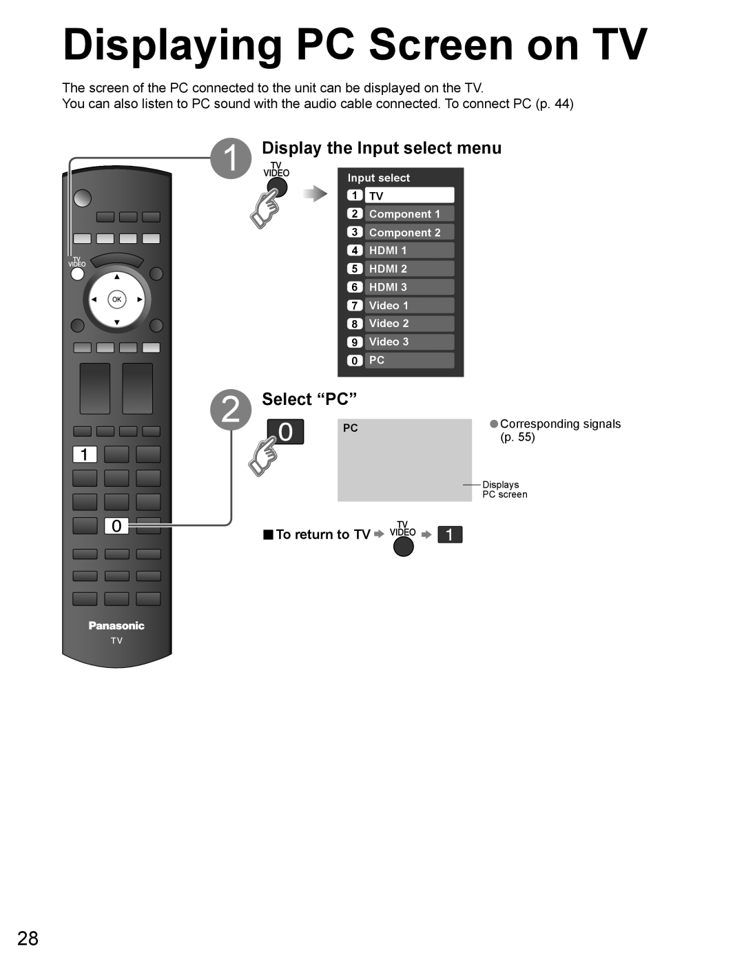 Panasonic TH-65PZ750U quick start Displaying PC Screen on TV, Select PC, To return to TV 