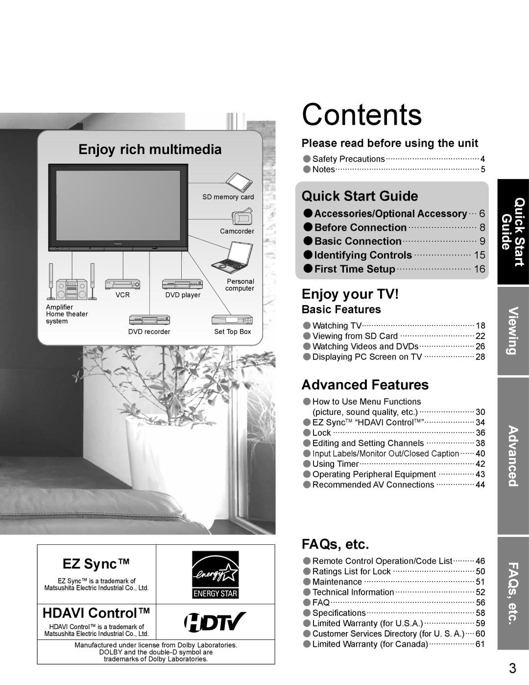 Panasonic TH-65PZ750U quick start Contents 