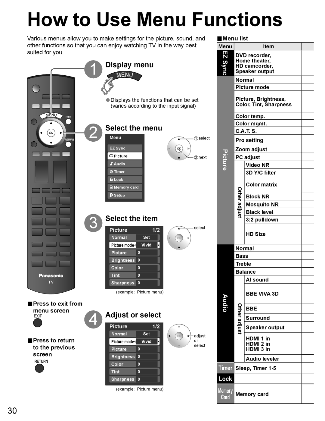 Panasonic TH-65PZ750U quick start How to Use Menu Functions, Sync, Lock, Menu list 