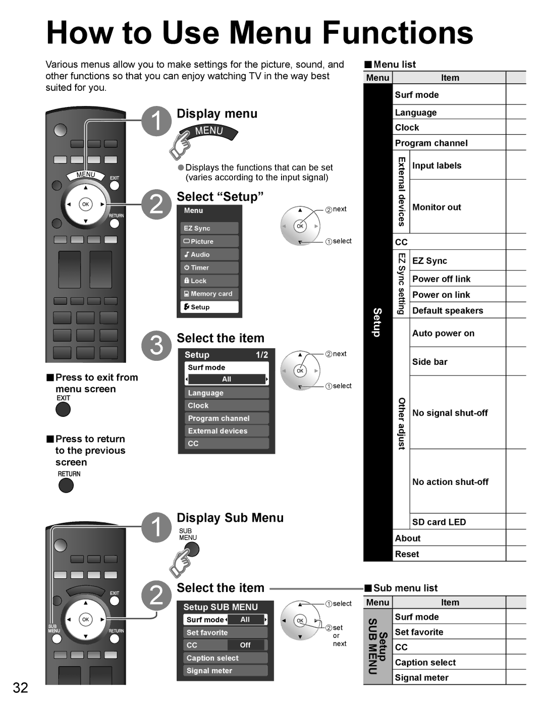 Panasonic TH-65PZ750U quick start Select Setup, Display Sub Menu, Screen, Sub menu list 