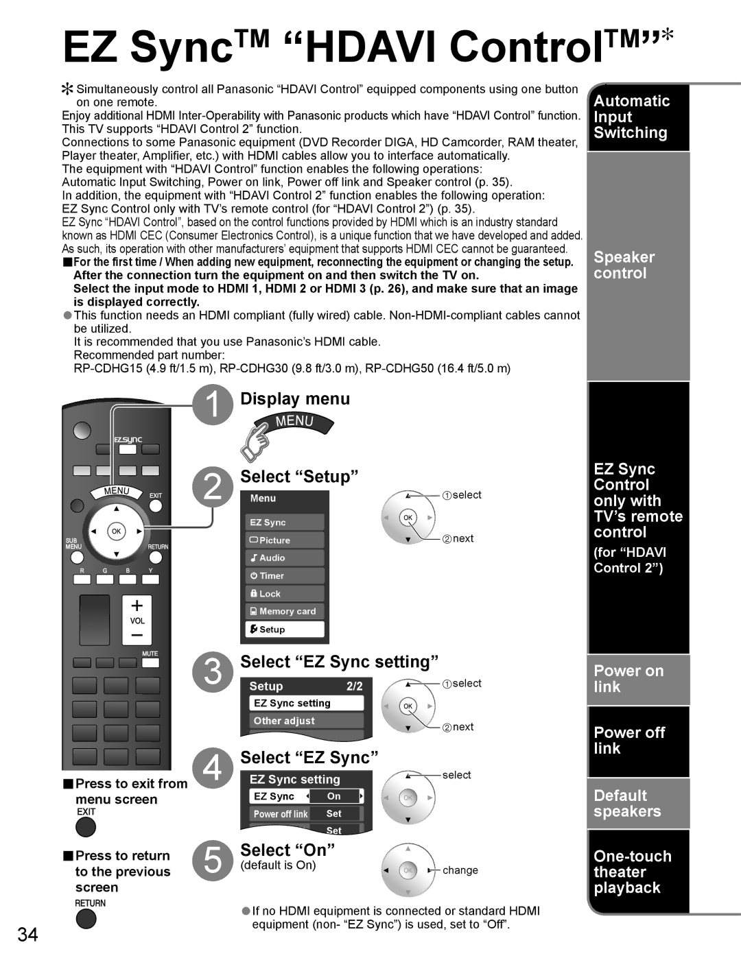 Panasonic TH-65PZ750U quick start EZ SyncTM Hdavi ControlTM, Select EZ Sync setting, Select On 