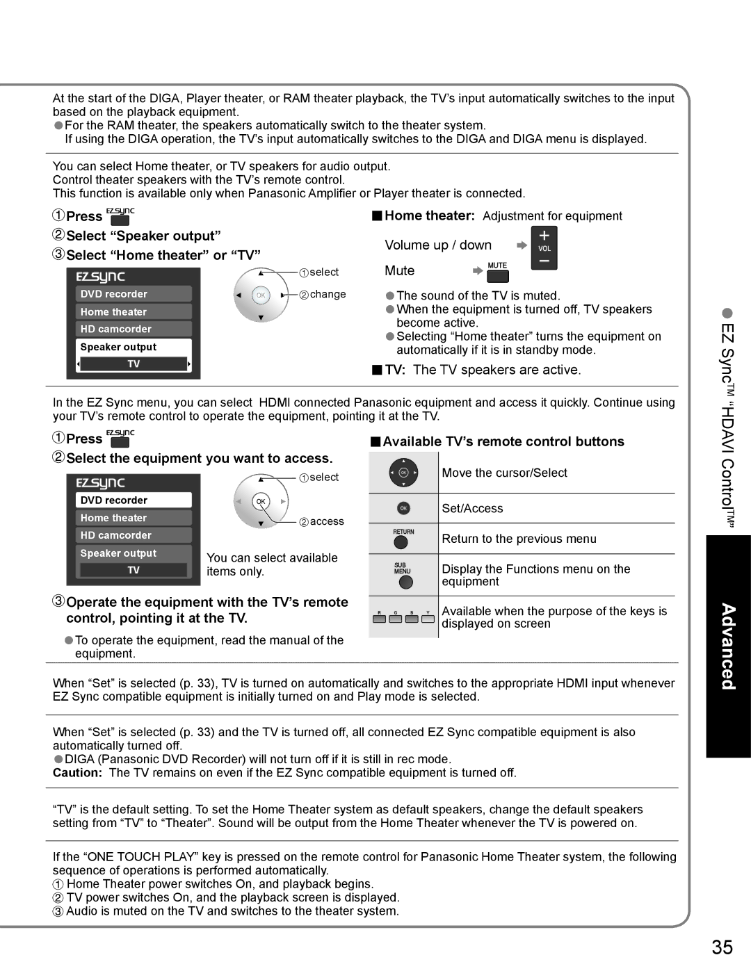 Panasonic TH-65PZ750U Press Select Speaker output Select Home theater or TV, Press Select the equipment you want to access 