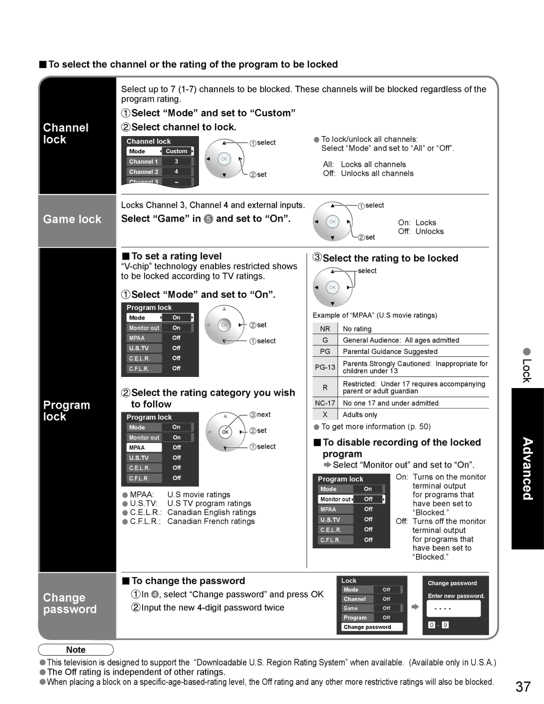 Panasonic TH-65PZ750U quick start Select Game in 5 and set to On, To set a rating level, Select Mode and set to On 