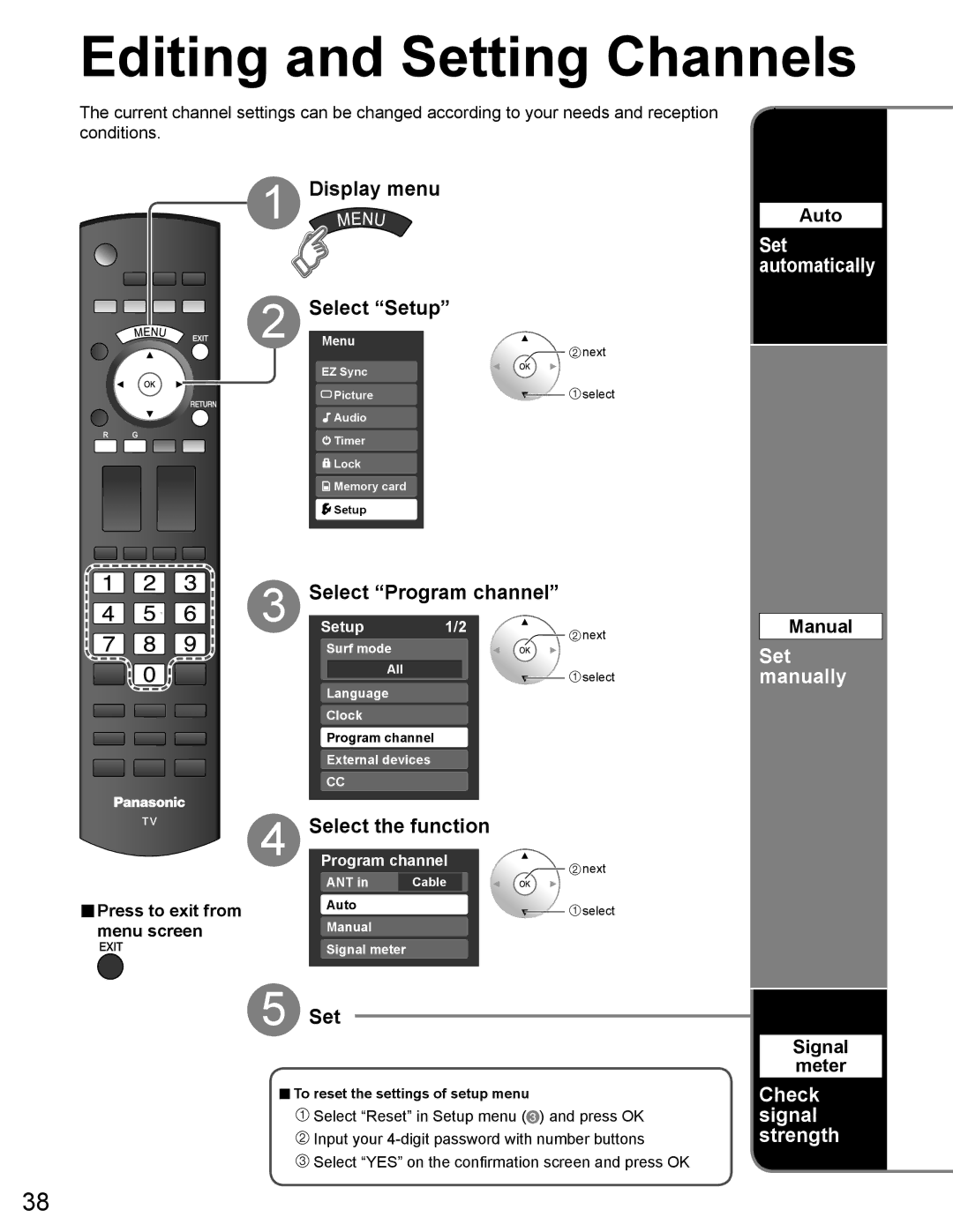 Panasonic TH-65PZ750U quick start Editing and Setting Channels, Display menu SelectMenu Setup 