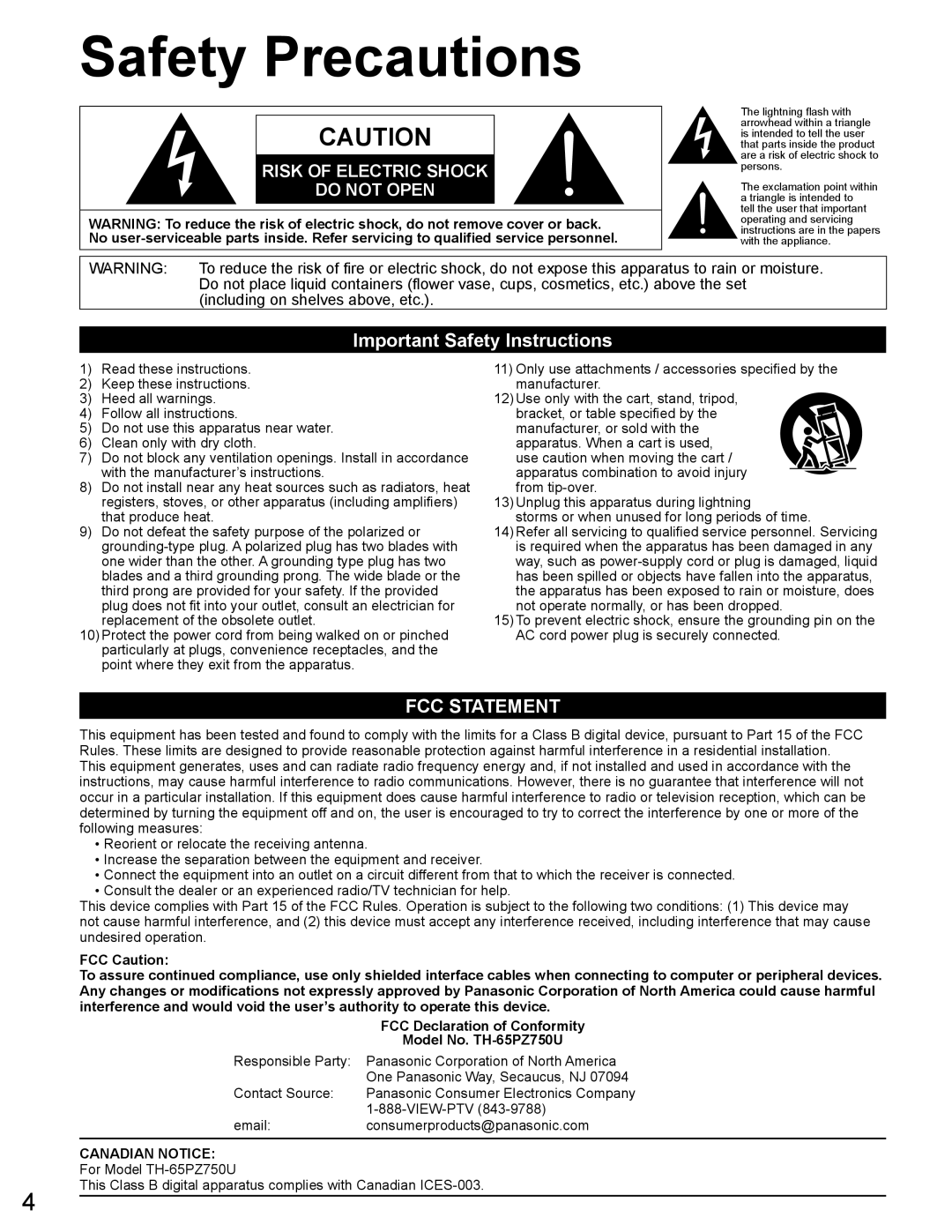 Panasonic TH-65PZ750U quick start Safety Precautions, Important Safety Instructions 