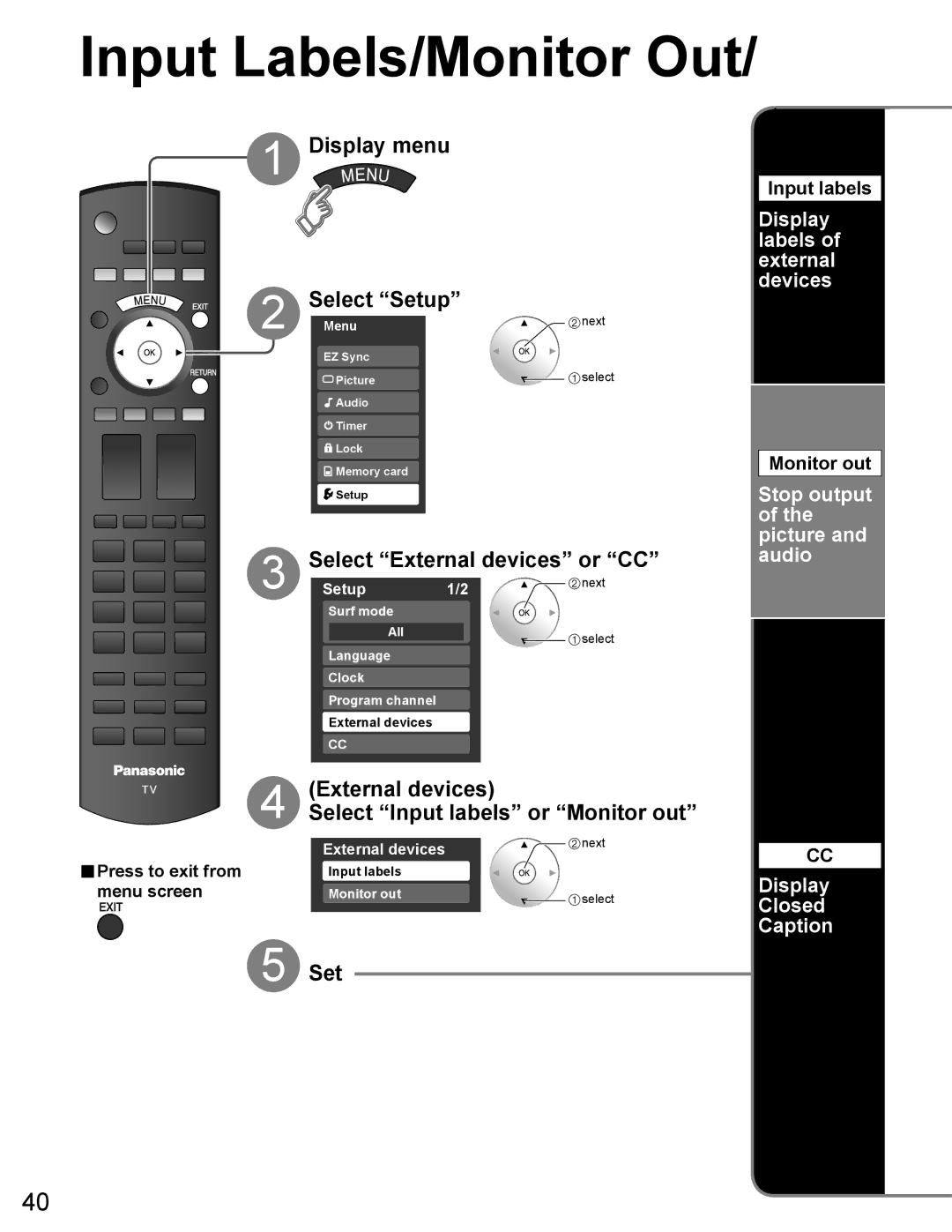 Panasonic TH-65PZ750U quick start Input Labels/Monitor Out, Display menu Select Setup, External devices 