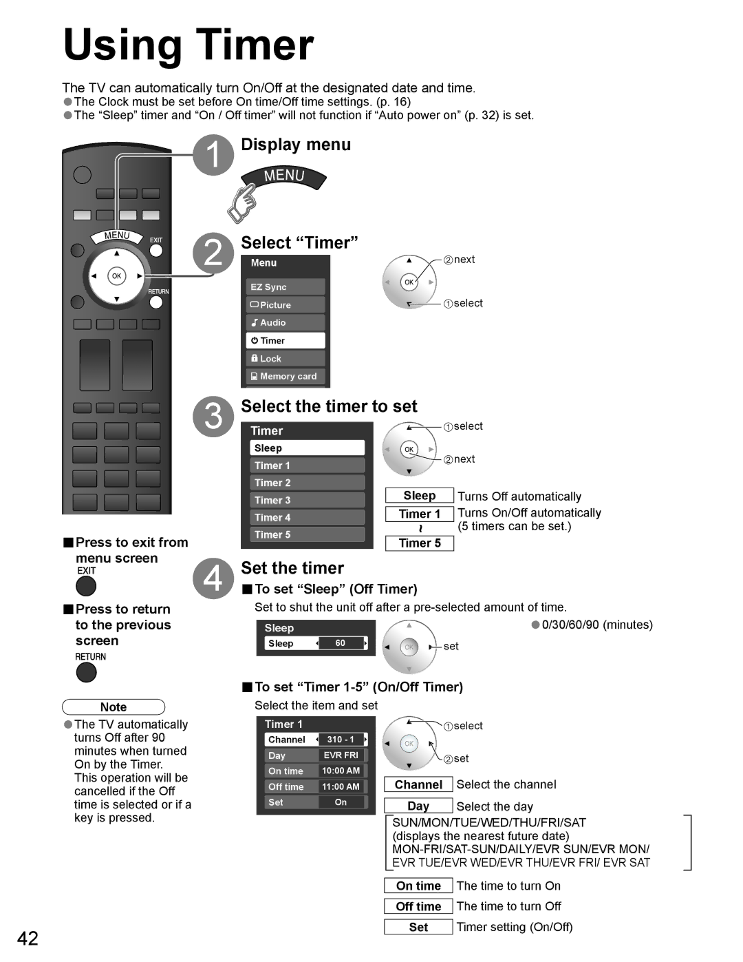 Panasonic TH-65PZ750U quick start Using Timer, Display menu Select Timer, Select the timer to set, Set the timer 