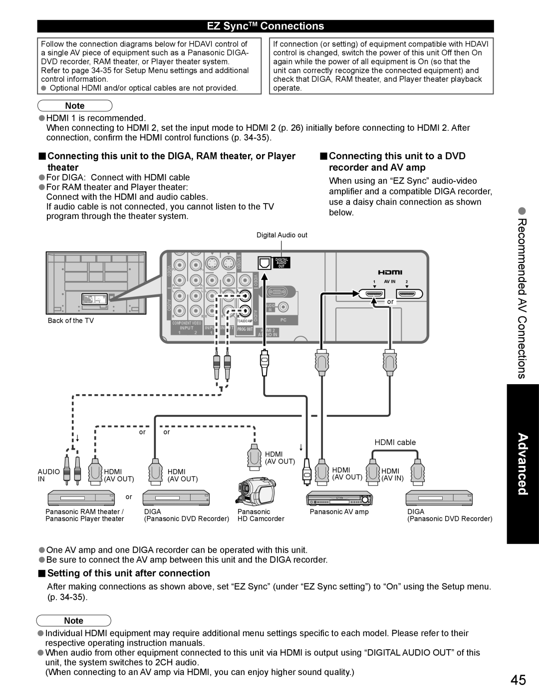 Panasonic TH-65PZ750U quick start EZ SyncTM Connections, Connecting this unit to a DVD recorder and AV amp 