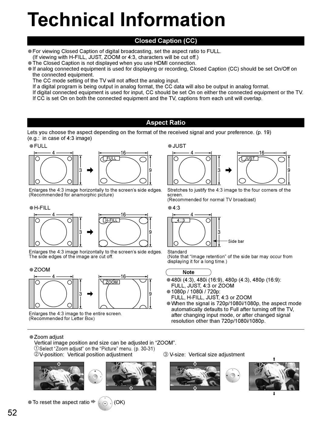 Panasonic TH-65PZ750U quick start Technical Information, Closed Caption CC, Aspect Ratio 