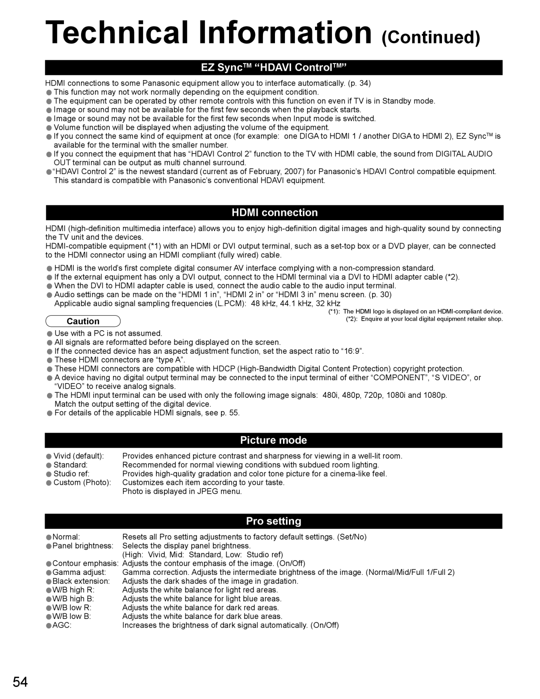 Panasonic TH-65PZ750U quick start EZ SyncTM Hdavi ControlTM, Hdmi connection, Picture mode, Pro setting 