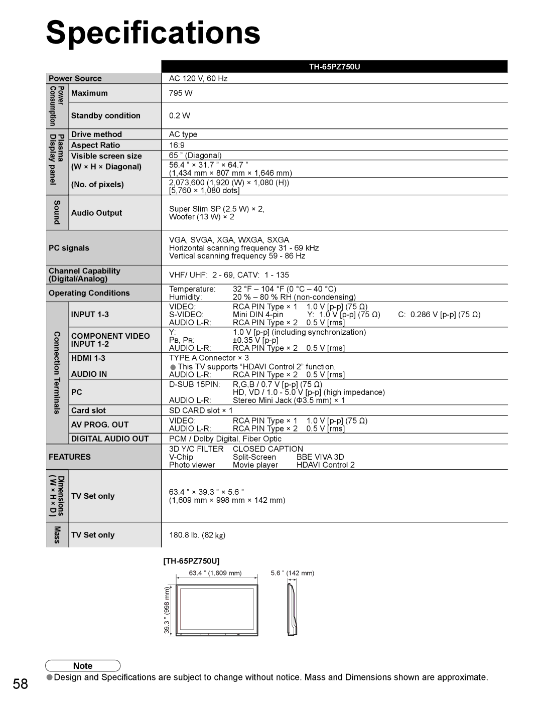 Panasonic TH-65PZ750U quick start Specifications, Features 