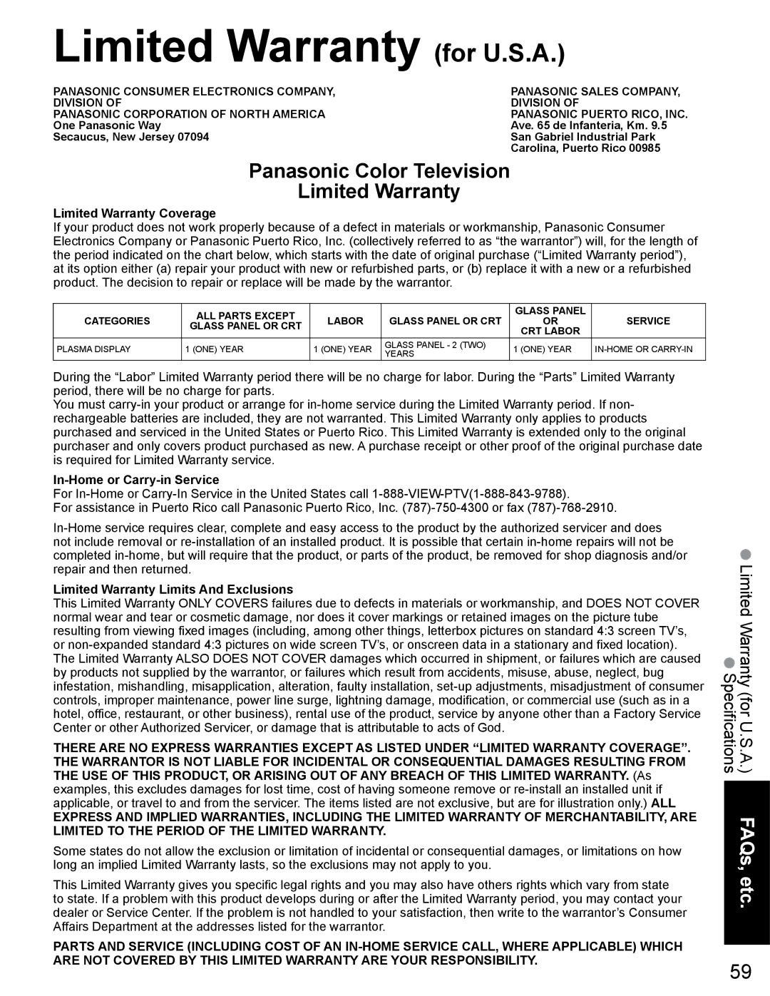 Panasonic TH-65PZ750U quick start Limited Warranty for U.S.A, Limited Warranty Coverage, In-Home or Carry-in Service 