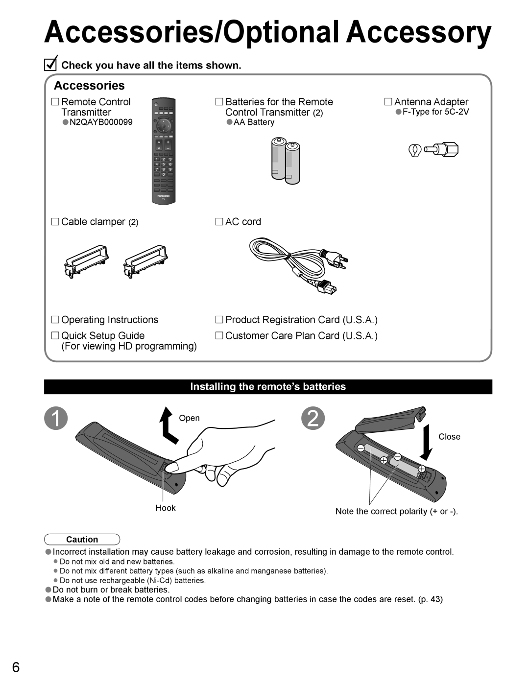 Panasonic TH-65PZ750U quick start Accessories/Optional Accessory, Installing the remote’s batteries 