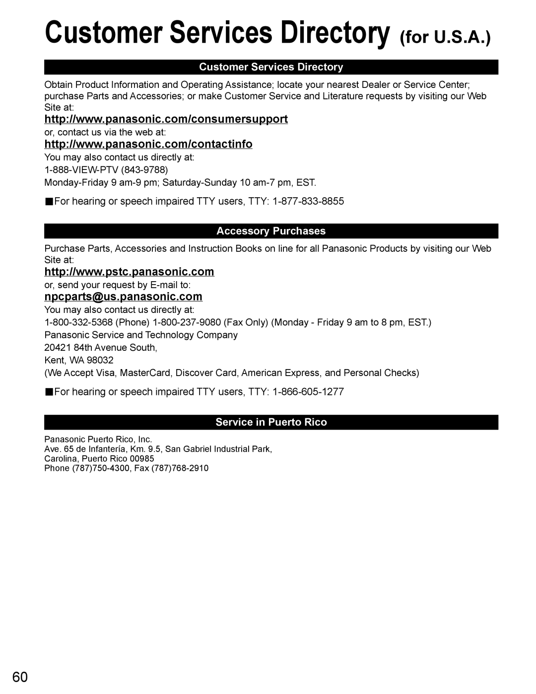 Panasonic TH-65PZ750U Npcparts@us.panasonic.com, Customer Services Directory, Accessory Purchases, Service in Puerto Rico 