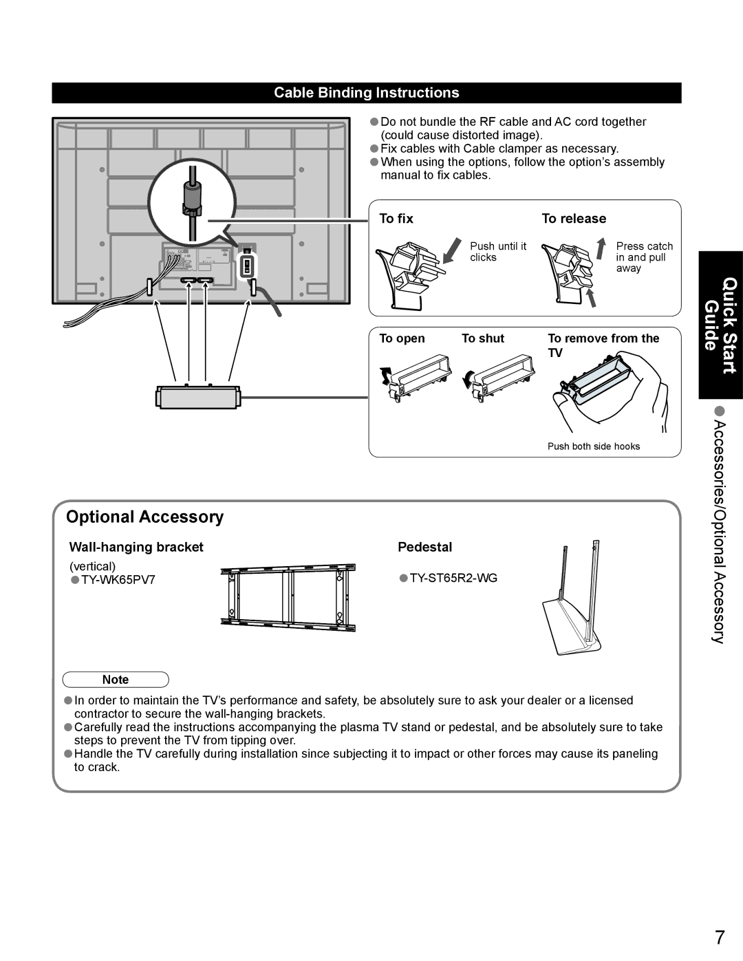 Panasonic TH-65PZ750U Optional Accessory, Cable Binding Instructions, To fix To release, Wall-hanging bracket Pedestal 