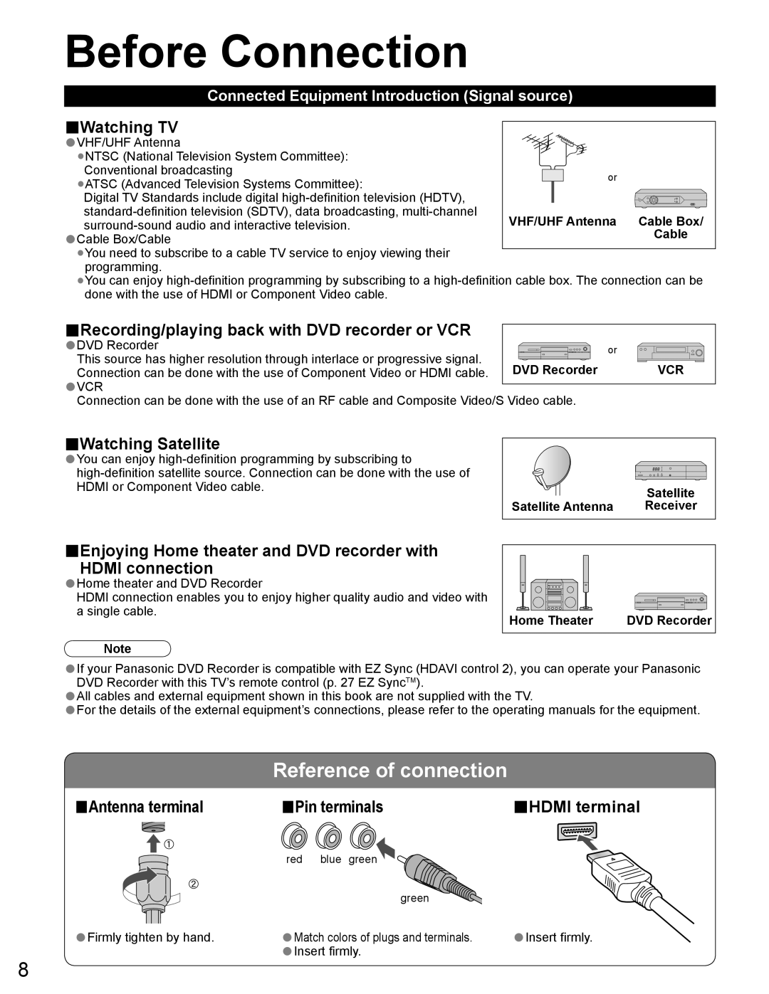 Panasonic TH-65PZ750U quick start Before Connection, Reference of connection 