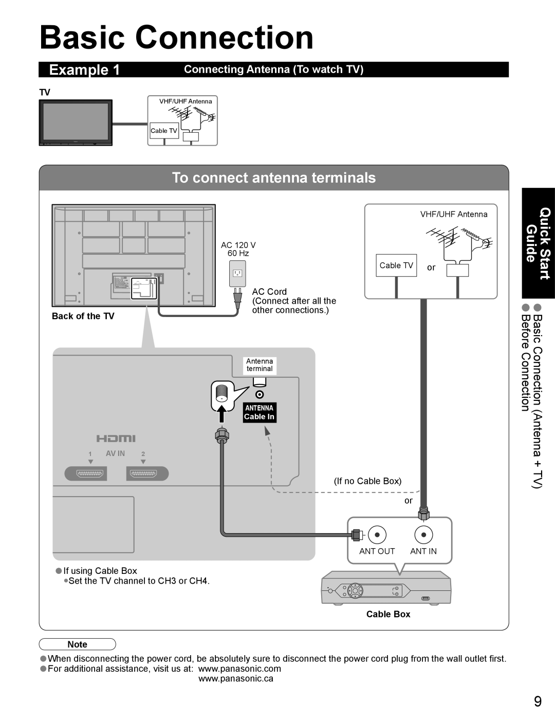 Panasonic TH-65PZ750U Basic Connection, Example, To connect antenna terminals, Connecting Antenna To watch TV, Cable Box 