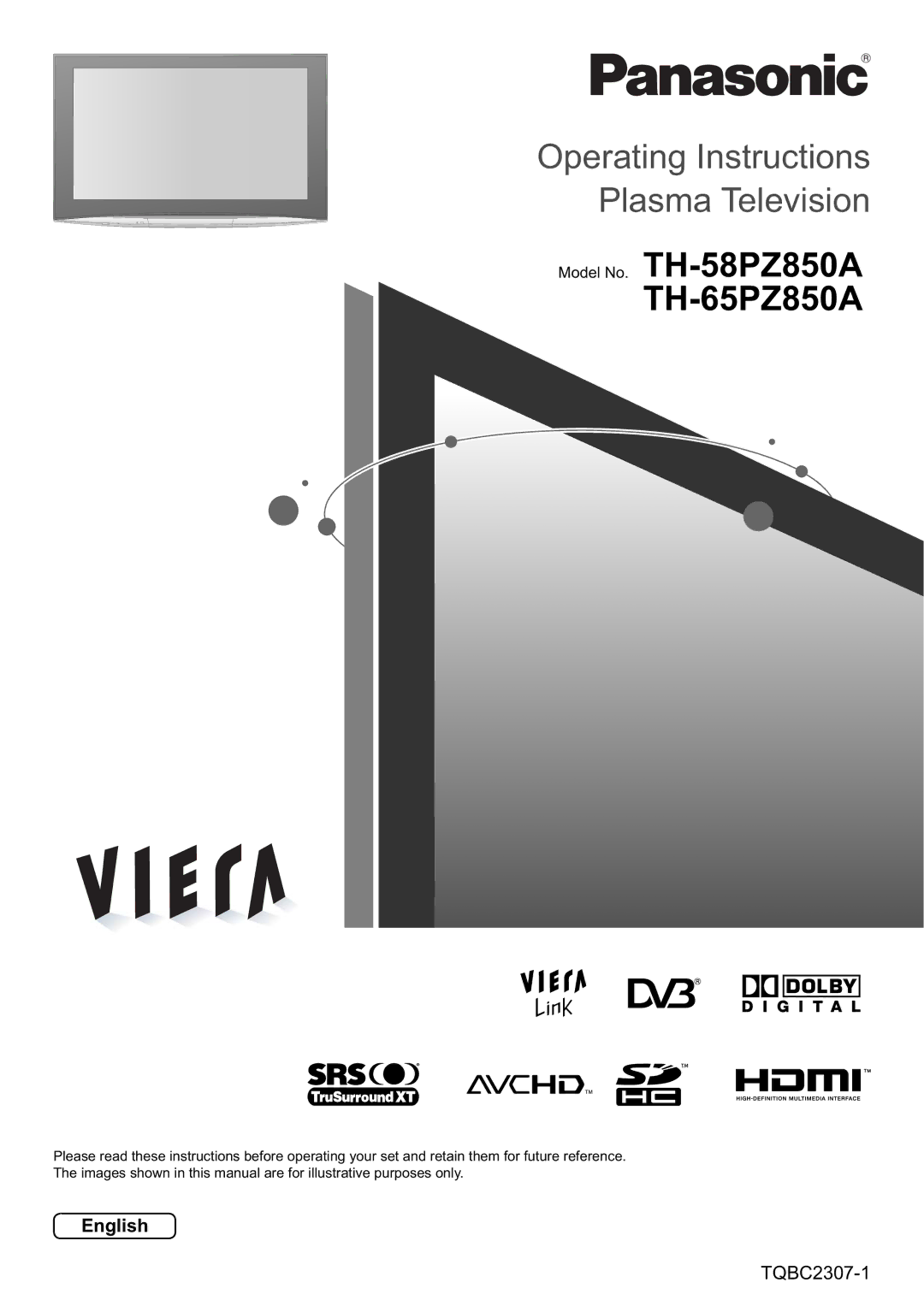 Panasonic manual Model No. TH-58PZ850A TH-65PZ850A, English 