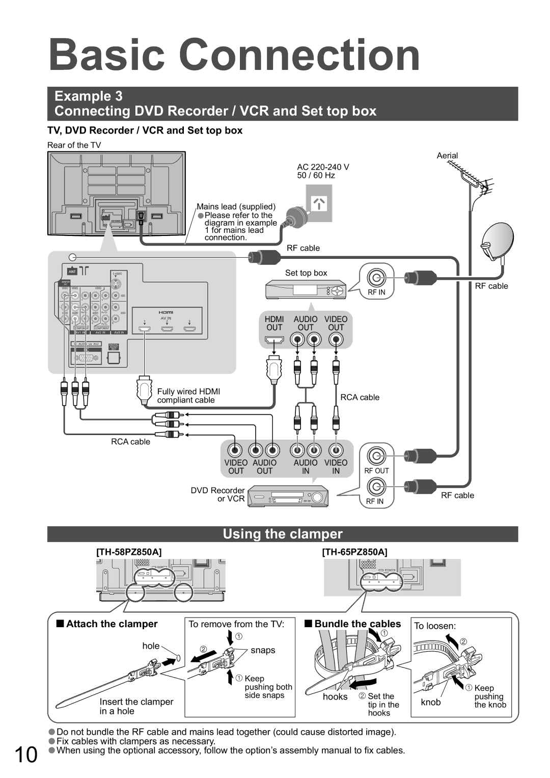 Panasonic TH-65PZ850A manual Example Connecting DVD Recorder / VCR and Set top box, Using the clamper, ŶAttach the clamper 