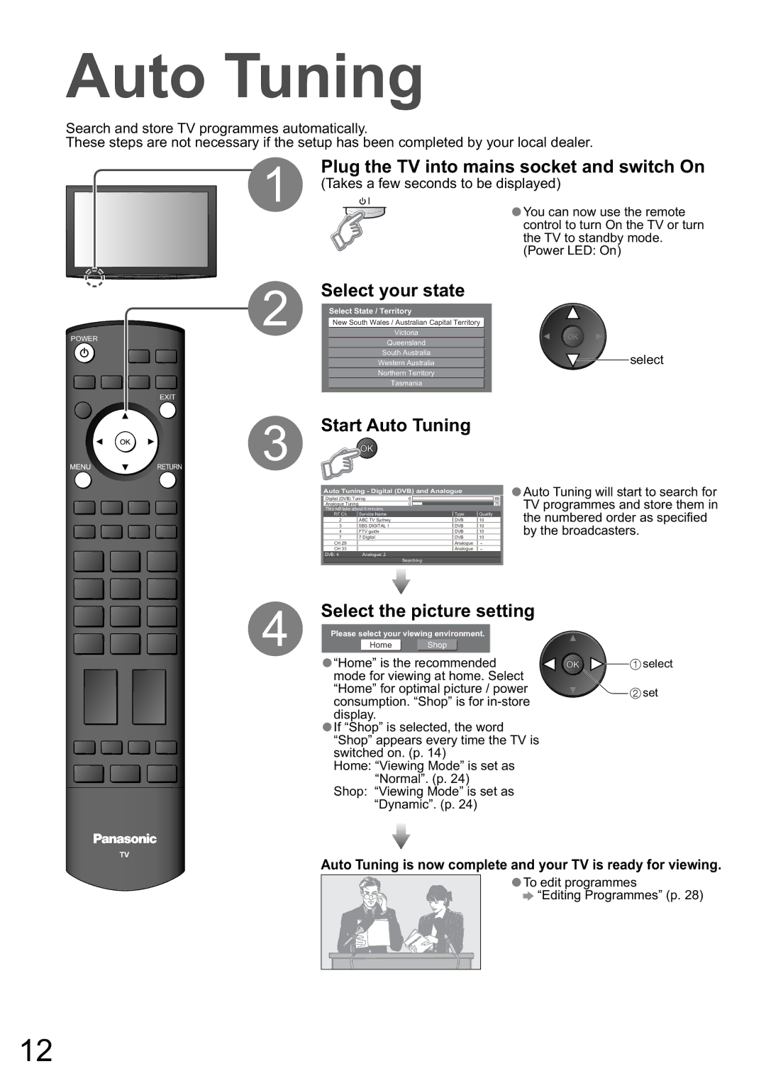 Panasonic TH-65PZ850A, TH-58PZ850A manual Select your state, Start Auto Tuning, Takes a few seconds to be displayed 