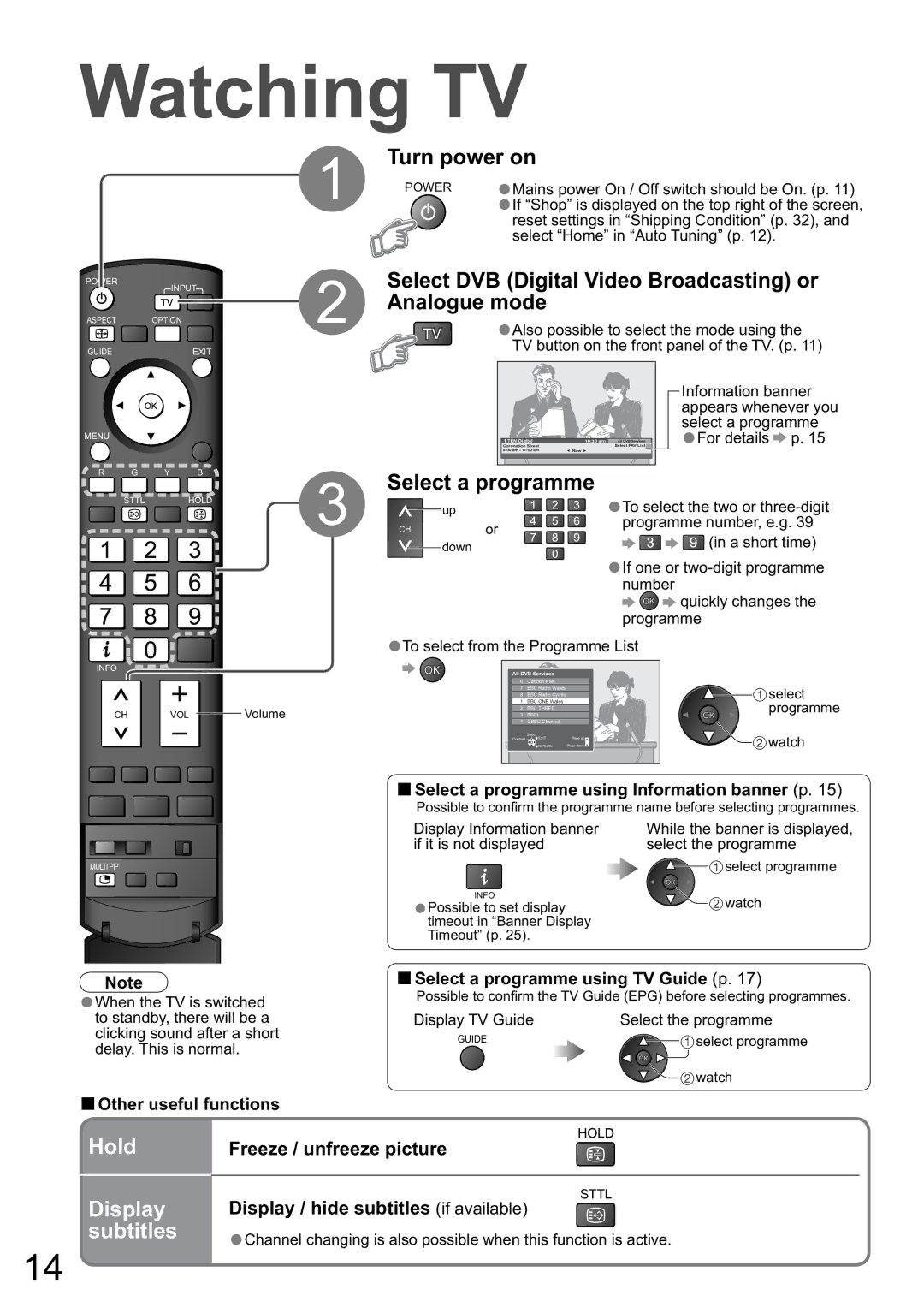 Panasonic TH-65PZ850A, TH-58PZ850A manual Watching TV, Hold, Display, Subtitles 