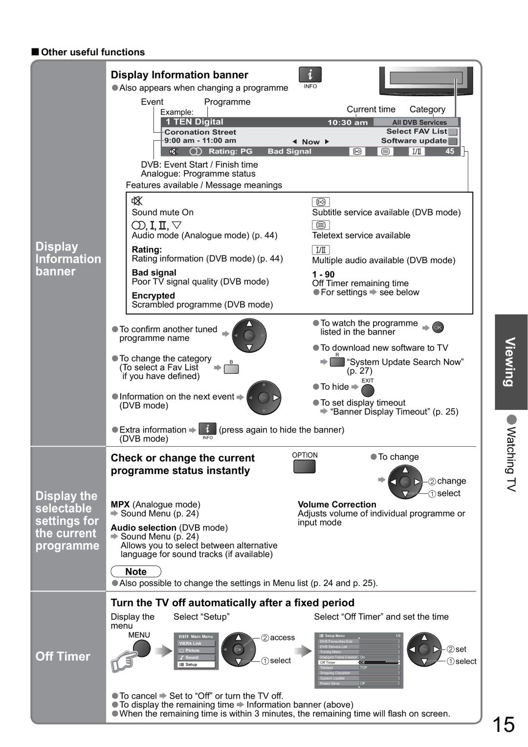 Panasonic TH-58PZ850A, TH-65PZ850A Information, Banner, Off Timer, Check or change the current programme status instantly 