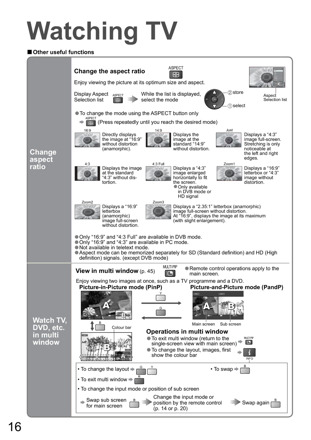 Panasonic TH-65PZ850A, TH-58PZ850A manual Change aspect ratio, Watch TV, DVD, etc. in multi window, Change the aspect ratio 