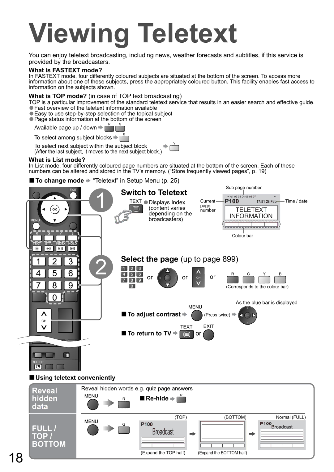 Panasonic TH-65PZ850A, TH-58PZ850A manual Viewing Teletext, Switch to Teletext, Select the page up to, Reveal, Hidden Data 