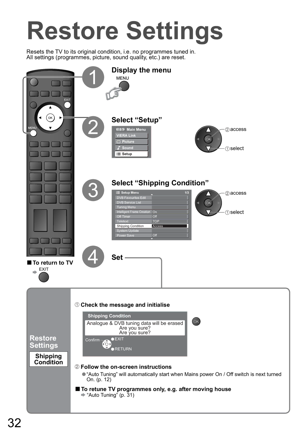 Panasonic TH-65PZ850A, TH-58PZ850A manual Restore Settings, Display the menu, Select Shipping Condition, Select Setup 