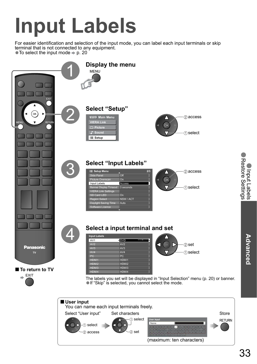 Panasonic TH-58PZ850A, TH-65PZ850A manual Select Input Labels, Select a input terminal and set, User input 