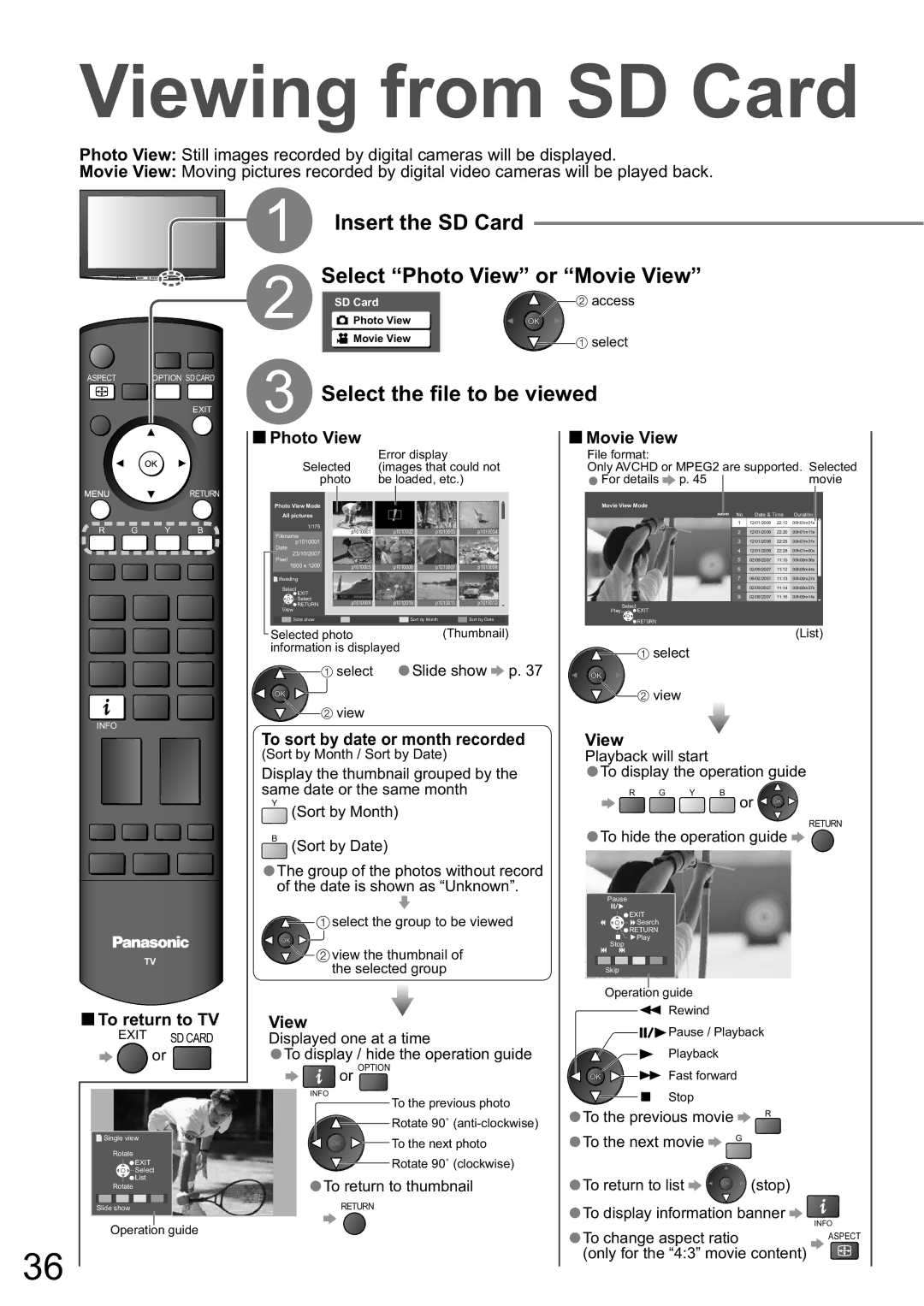 Panasonic TH-65PZ850A, TH-58PZ850A manual Viewing from SD Card, Insert the SD Card, Select the file to be viewed 