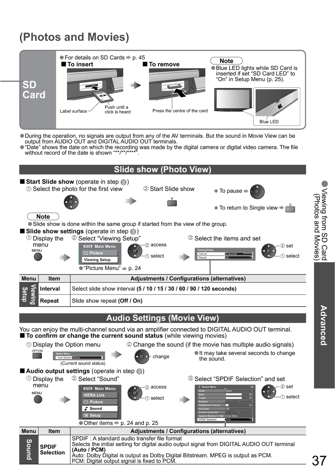 Panasonic TH-58PZ850A Slide show Photo View, Audio Settings Movie View, ŶTo insert, ŶSlide show settings operate in step 