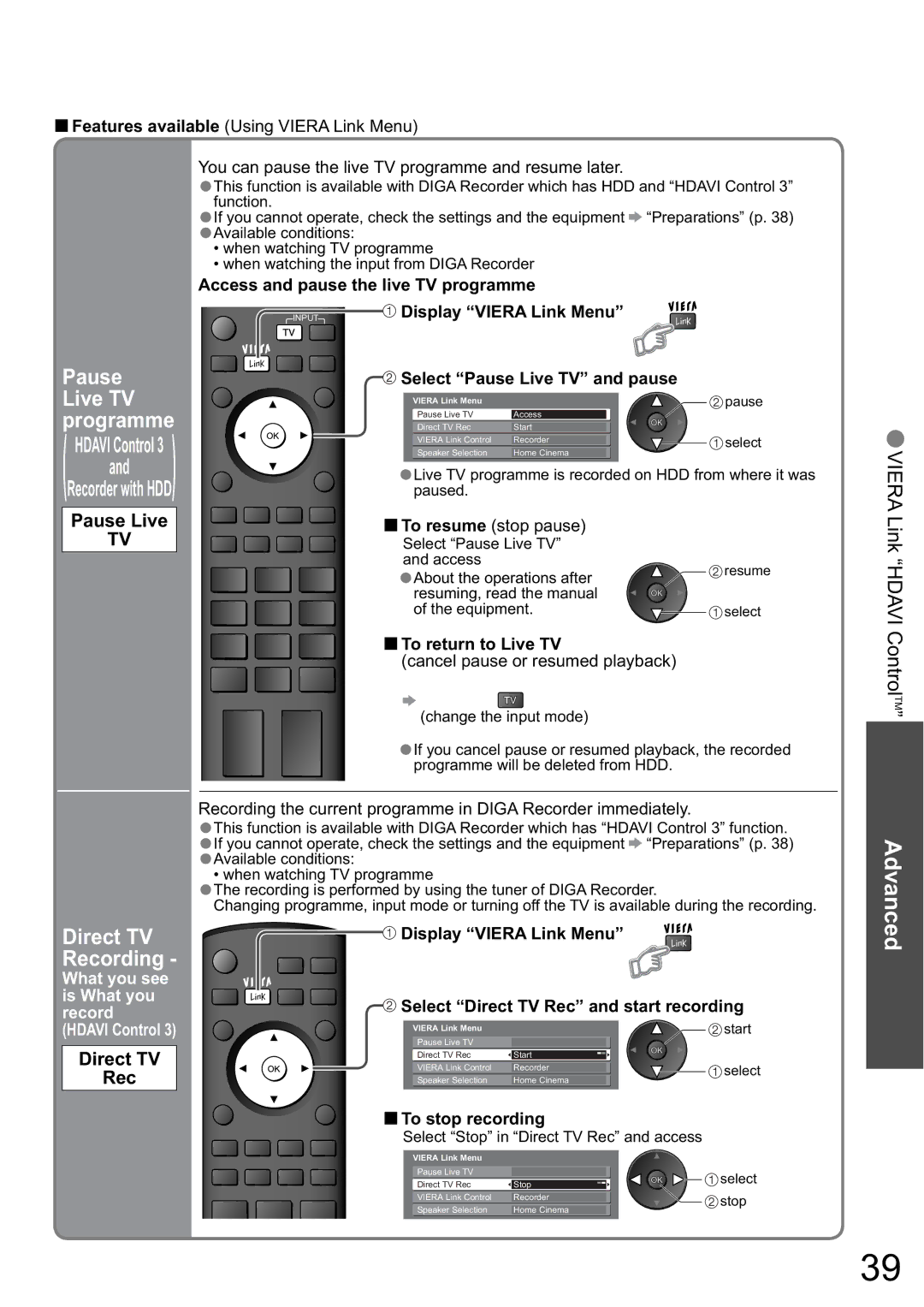 Panasonic TH-58PZ850A, TH-65PZ850A manual Pause Live, Direct TV Rec 