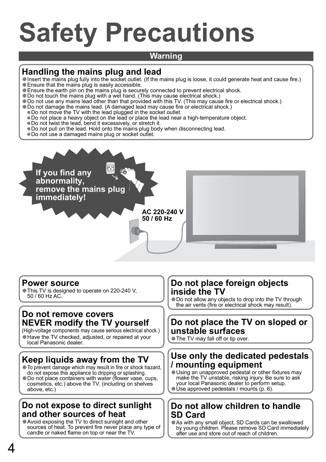 Panasonic TH-65PZ850A, TH-58PZ850A manual Safety Precautions, AC 220-240 V 50 / 60 Hz, TV may fall off or tip over 