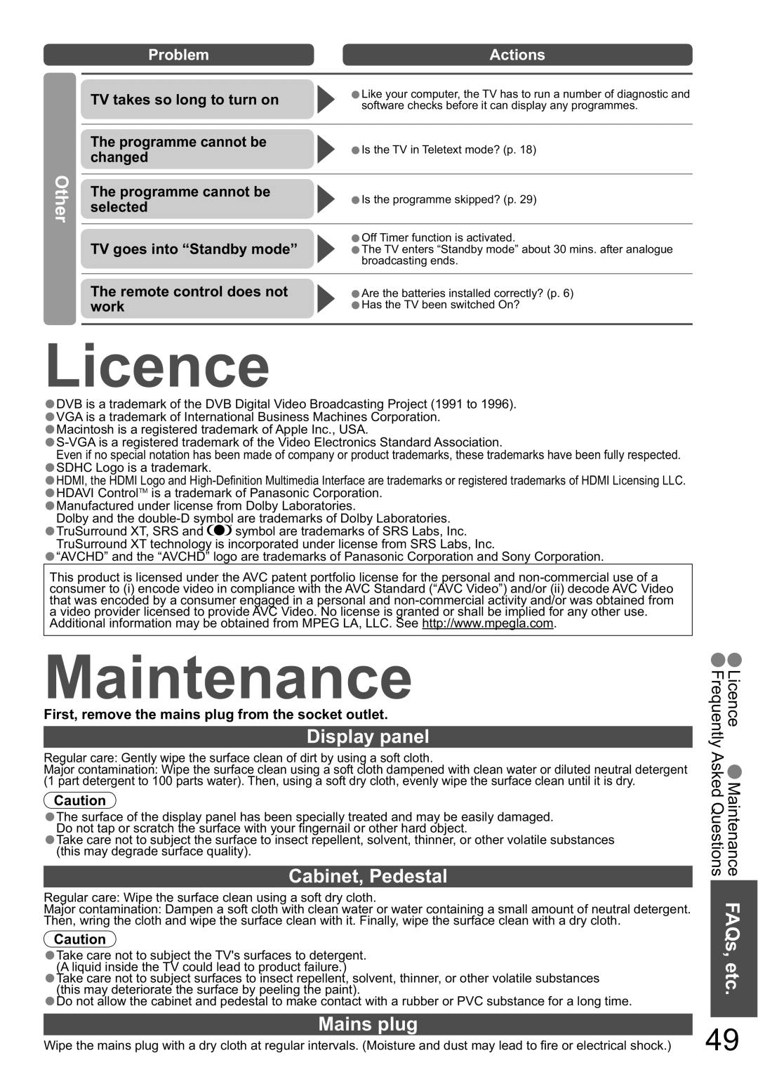 Panasonic TH-58PZ850A, TH-65PZ850A manual Licence, Maintenance, Display panel, Cabinet, Pedestal, Mains plug 