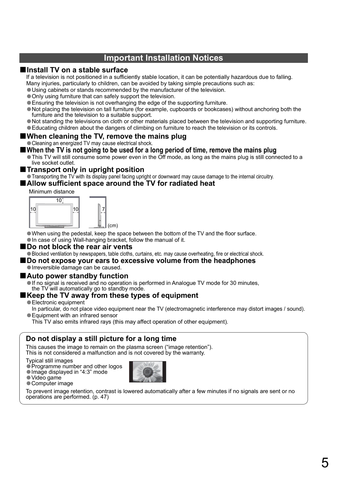 Panasonic TH-58PZ850A, TH-65PZ850A Important Installation Notices, Cleaning an energized TV may cause electrical shock 